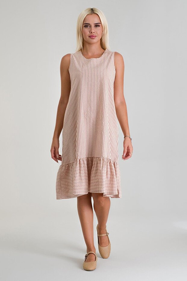 Women's Striped Trim Hem Drawstring Pocket Sleeveless Cotton Woven Dress