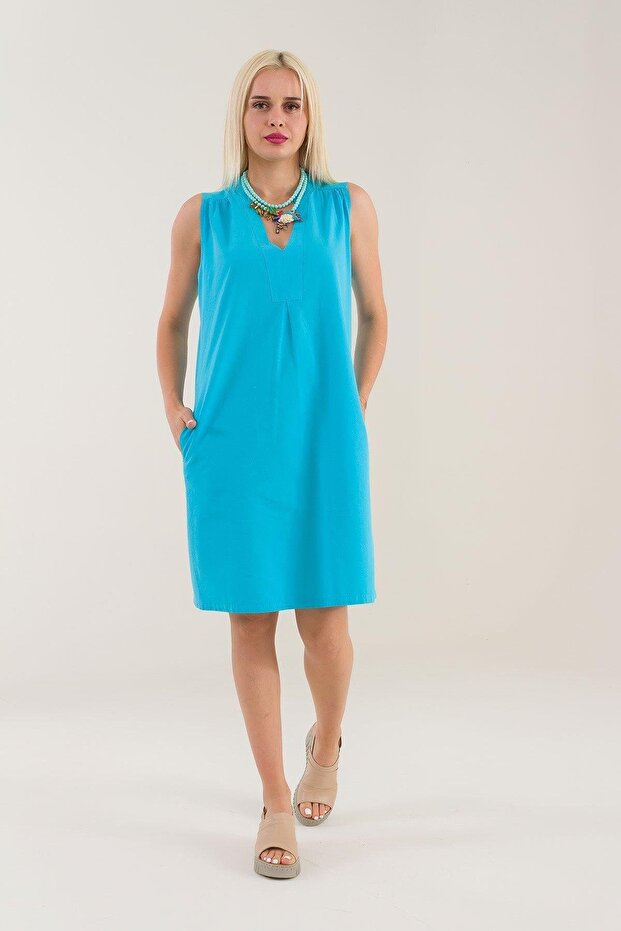Women's Turquoise Color Pocketed Linen Look Cotton Dress