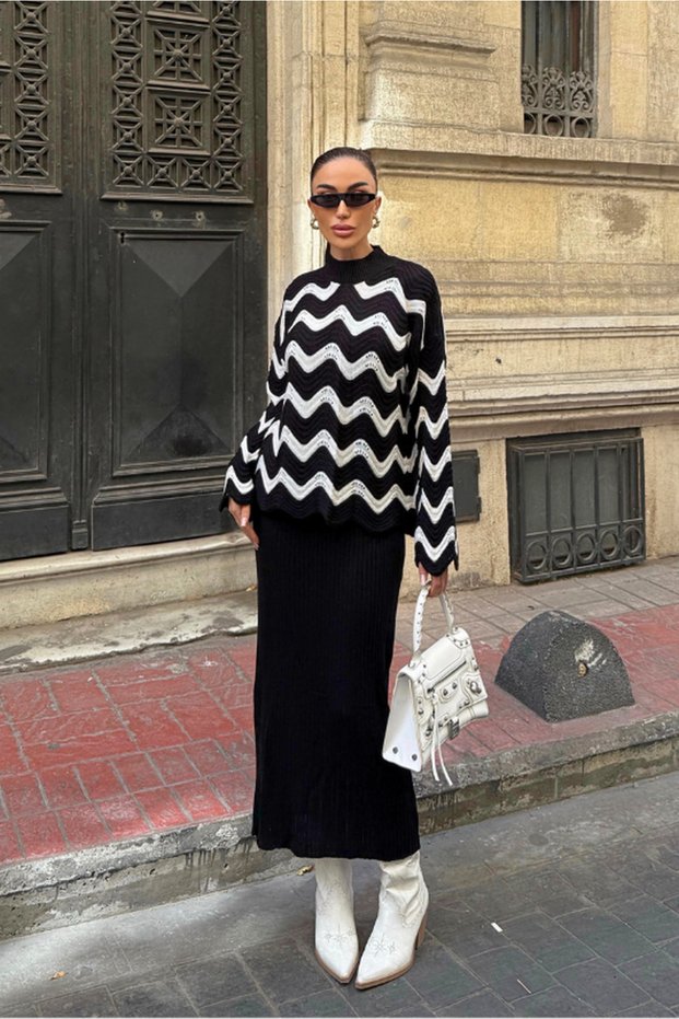 Women's Half High Collar Zigzag Pattern Sweater and Sleeveless V-Neck Long Dress Bottom-Top Knitwear Set Black