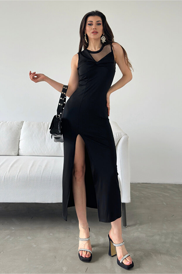 Women's Tulle Collar Detailed Sleeveless Slit Long Dress Black