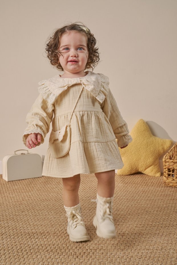 Bow Detailed Bag Detailed Muslin Baby Girl Dress for Eid Festival - Cream