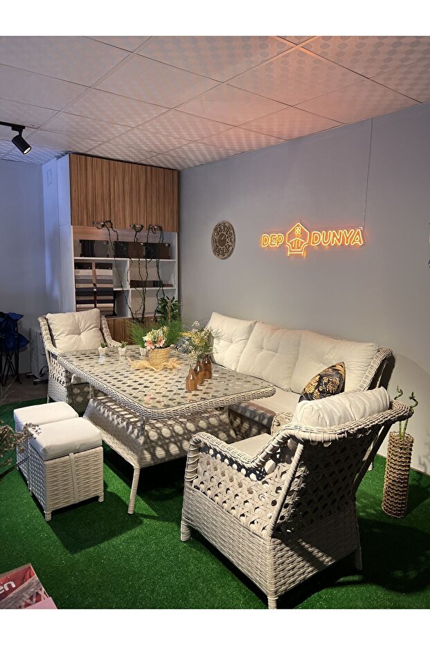 DEPODUNYA SALINCAKCIM Rattan Bahçe Balkon Teras Mobilyası Bahçe Takımı Oturma Grubu 7 Kişilik KREM