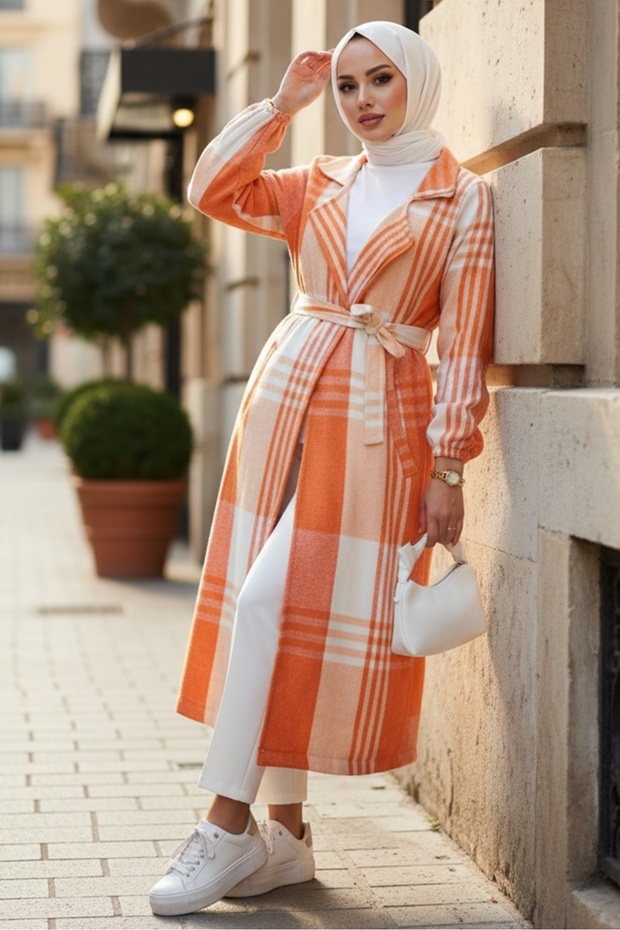 Nevin Double Pocket Double Breasted Collar Hijab Cardigan 405 - Orange