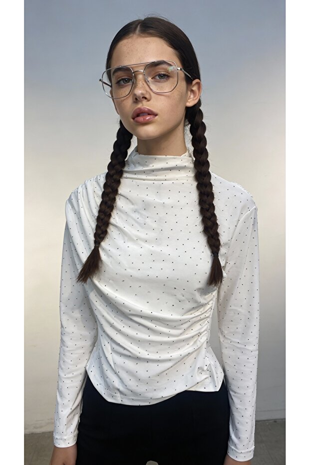 DRAPELİ TAŞLI BLUZ - 3