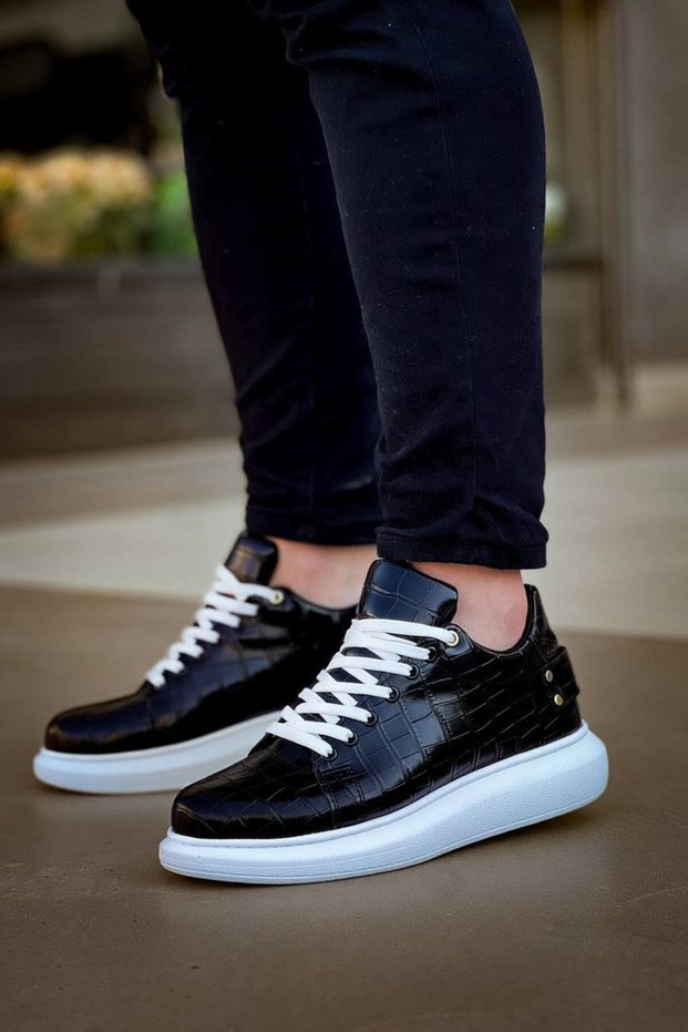 Kb047 Men's Casual Lace-Up Croco Patterned Leather Sports Sneaker Shoes Cbt - Black