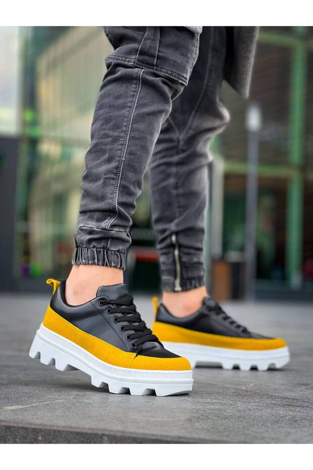 Kb056 Men's Casual Lace-Up Leather Suede Sports Sneaker Shoes Csbt - Black/Yellow