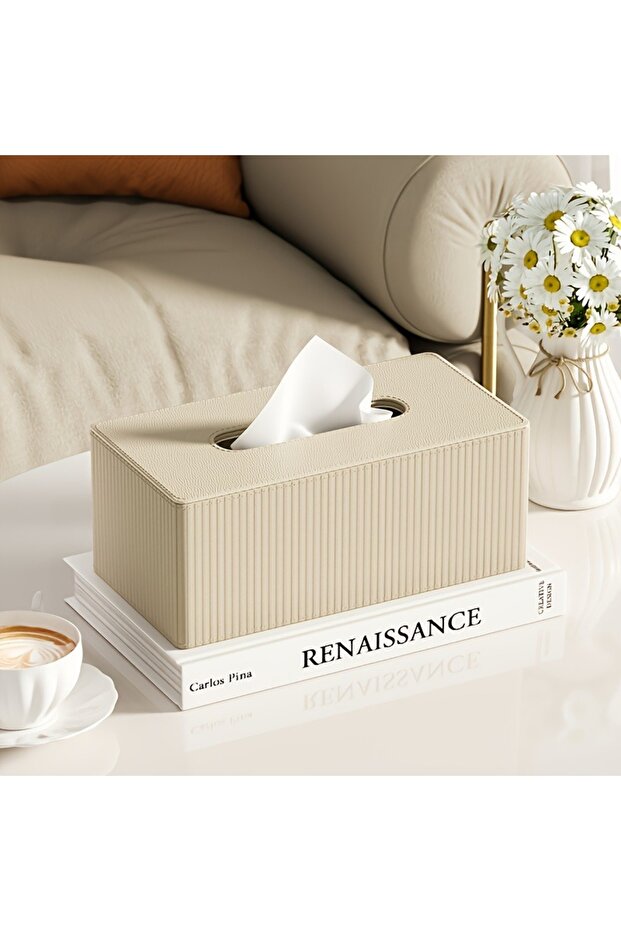 milk tea color 1pc Luxury Leather Tissue Box Holder, Striped Design 3 Colors, Square Tissue Box Cove