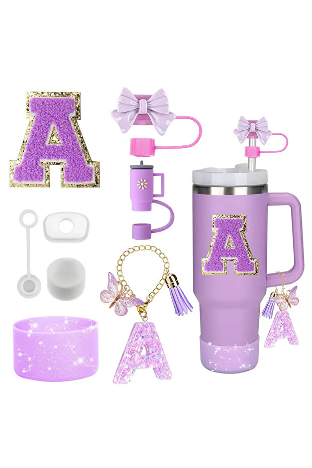 A-Purple-8pcs 8PCS Accessories Set for Stanley Cup Purple 30oz 40oz tumbler Silicone Straw Topper Co