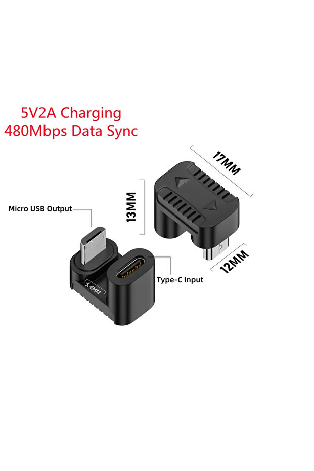 قطعة واحدة من محول USB 2.0 من النوع C أنثى إلى Micro-USB ذكر، على شكل حرف U، بزاوية 90 درجة يمين/يسار، 5 فولت 2 أمبير، من الفئة C