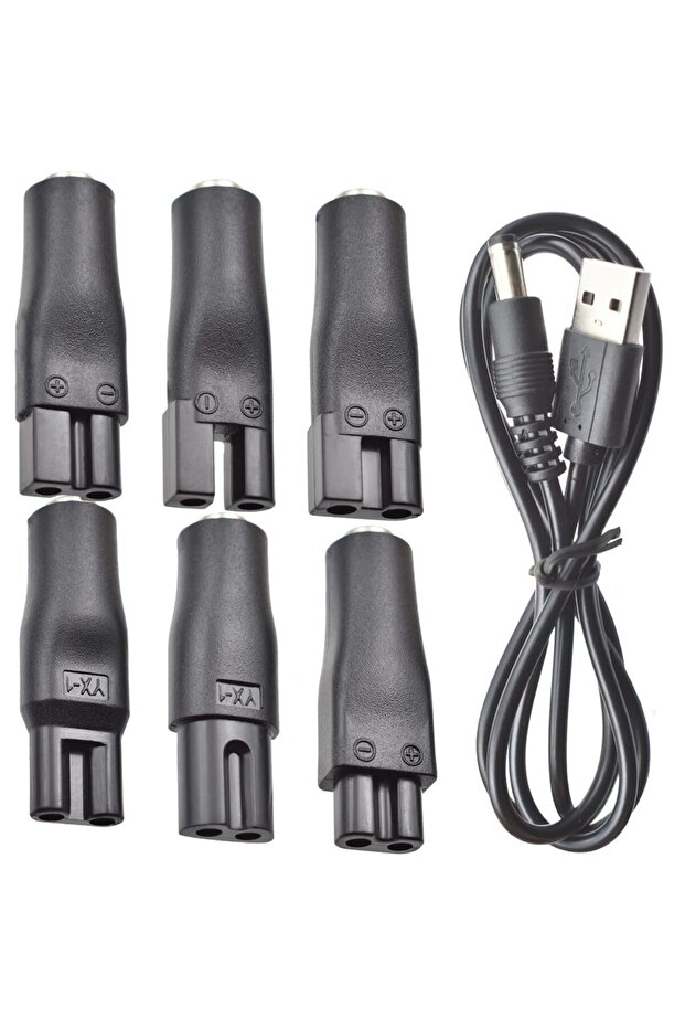سلك طاقة أسود مكون من 7 قطع، شاحن بديل 5 فولت، محول USB، مناسب لماكينات قص الشعر الكهربائية واللحية