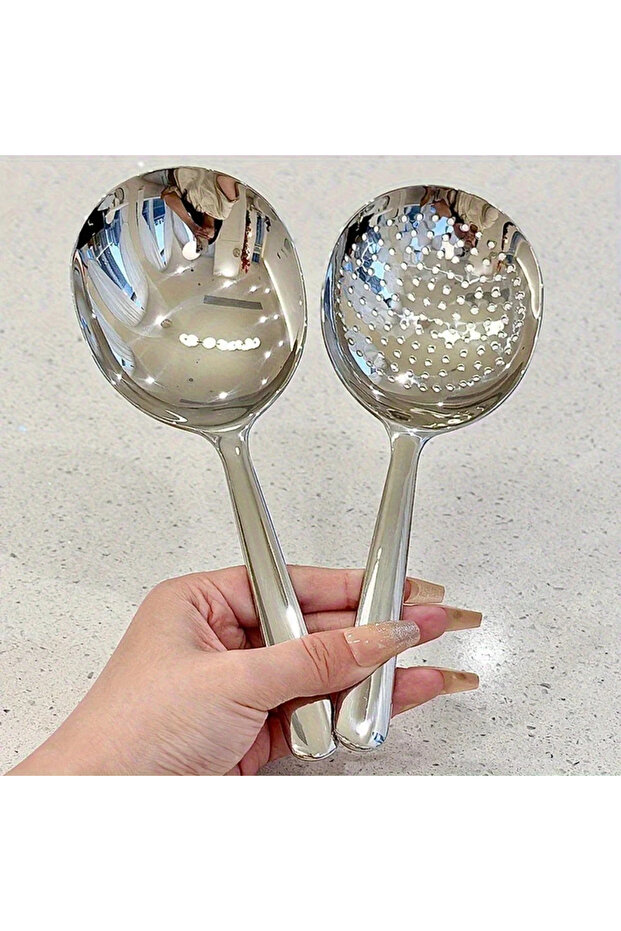 2PCS 2Pcs Stainless Steel Spoon Heat Insulated Handle Ladles Drain Hole For Serving Soup Rice Servin