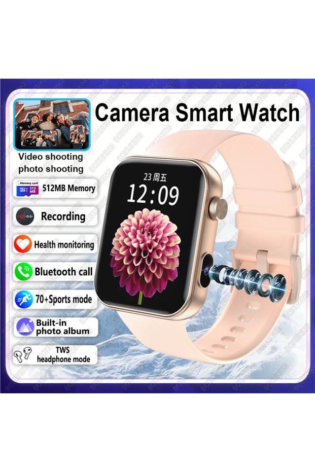 Pink New Camera SmartWatch Men Women Photos Record Video Sports Fitness Health Monitor Waterproof Bl