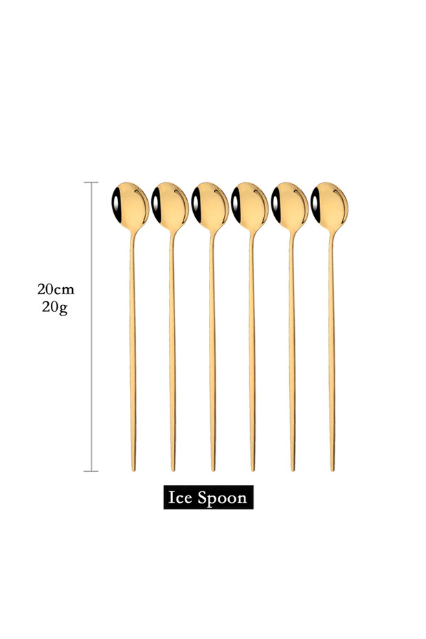 Gold 6Pcs Colorful Tea Spoons Dinnerware Coffee Juice Stirring Spoon Cutlery Set Ice Cream Long Hand