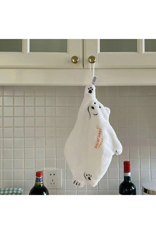 WHITE Polar Bear Hand Wiping Towel Super Absorbent Hanging Kitchen Towel Coral Design Thick Cartoon