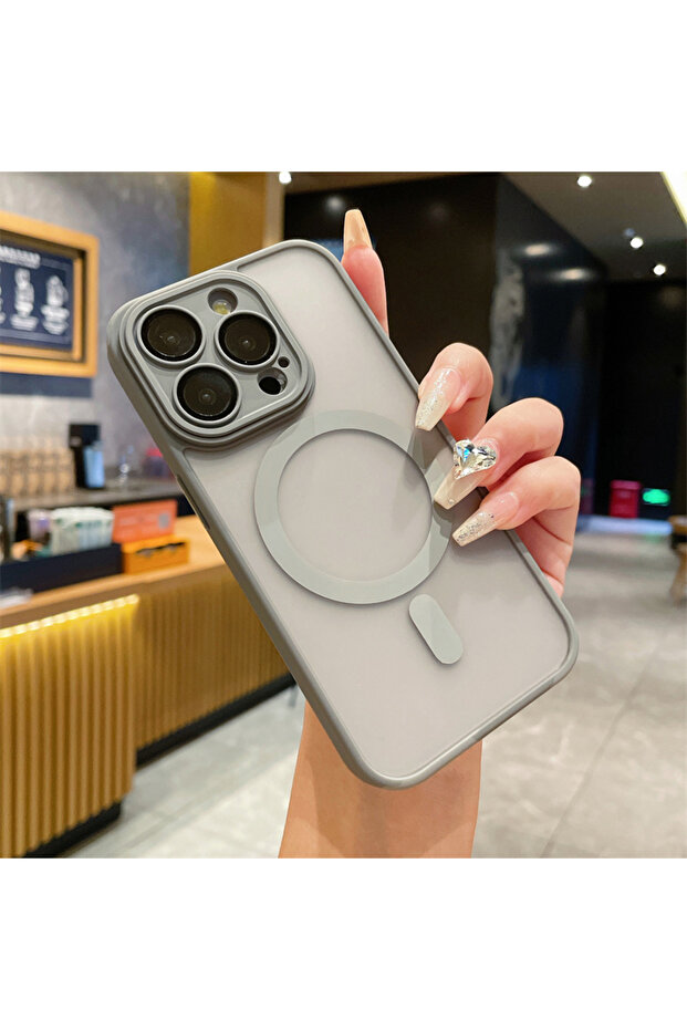 جراب شحن لاسلكي مغناطيسي شفاف رمادي اللون لهاتف iPhone 15 Pro Max، متوافق مع Magsafe، متوافق مع هواتف iPhone 16 و15 و14