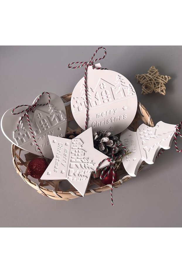 mold B Christmas Heart Round Tree Star-Shaped Hanging Ornament Silicone Mold DIY Cement Plaster Clay
