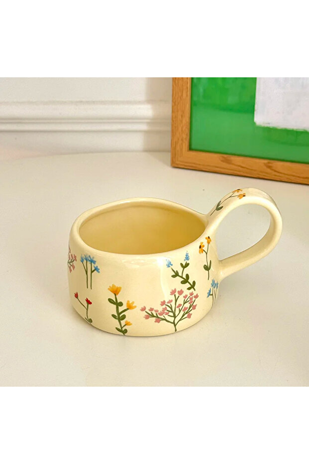 Pink Yellow Blue 201-300ml Cream yellow Ceramic Mug Korean Style Cute Flower Pattern Coffee Cup Hand