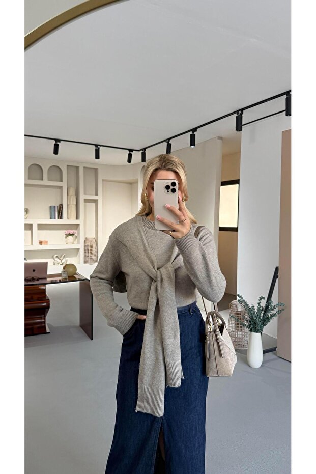 Mink Knitwear Sweater with Shawl Detail
