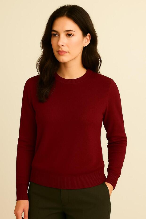 Women's Premium Crew Neck Soft Textured Knit Sweater Burgundy