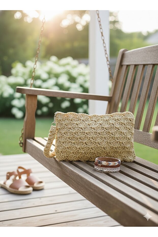 El Çanta Kağıt İp Örme Hardal 27x16x17 - 3