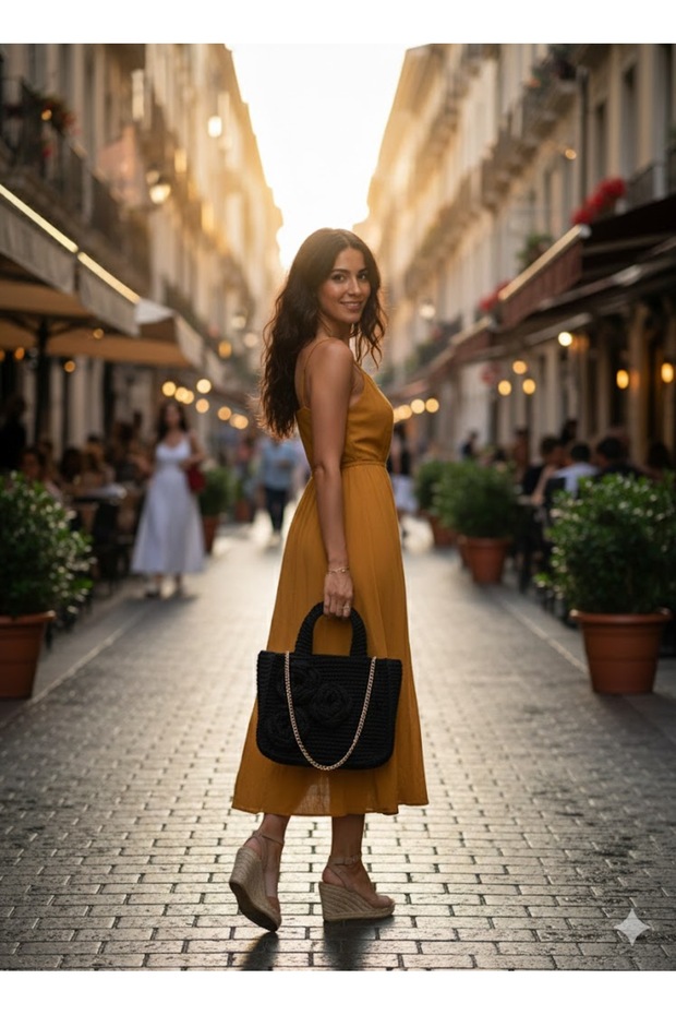 El - Çapraz Çanta Mango Model İp Örme Siyah 28x23x60 - 3