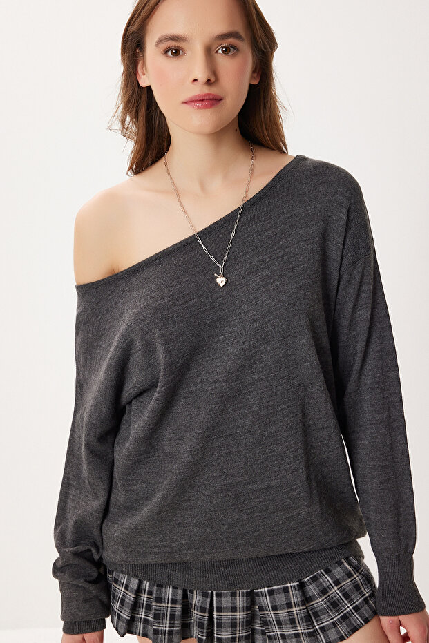 Open Shoulder Knitwear Sweater Lfn0142 Anthracite