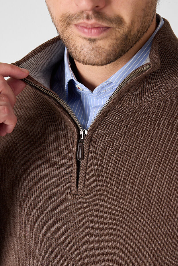 Monica Men's Brown Thessaloniki Knitted Half Zipper Mock Neck Regular Fit Sweater