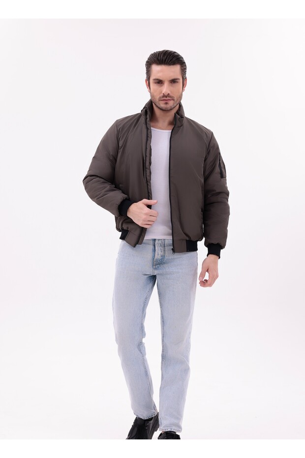 Men's Brown Transitional Coat – Mock Neck , Zippered, Lightweight Bomber Jacket