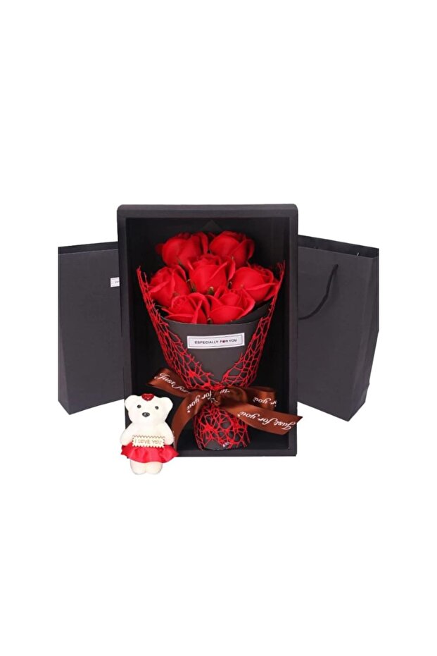 7 Rose Soap Flower With Teddy Bear Gift Box Small Bouquet For Wedding, Valentine Day Gifts