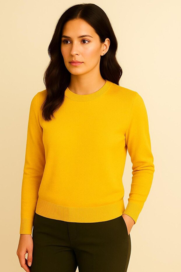 Women's Premium Crew Neck Soft Textured Knit Sweater Yellow