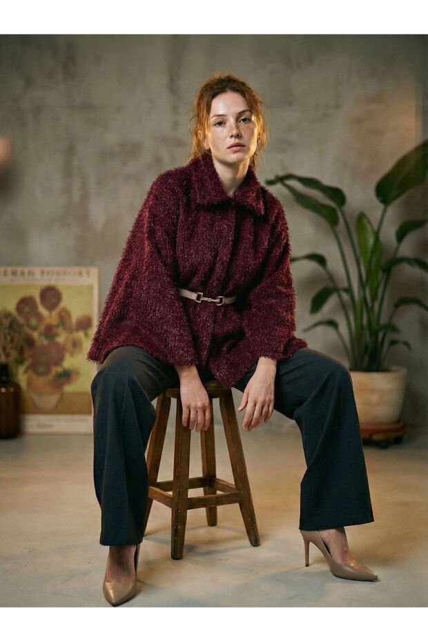 Premium Feather Belt Detailed Shirt Collar Women's Poncho