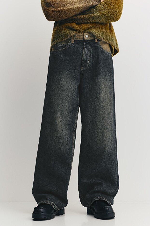 Kontrast bel detaylı geniş paça jean - 4