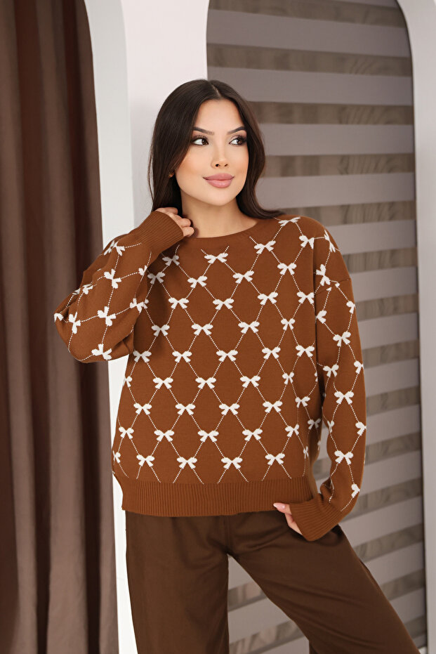 Round Crew Neck Bow Tie Bowknot Argyle Jacquard Long Sleeve Standard Fit Knitwear Sweater