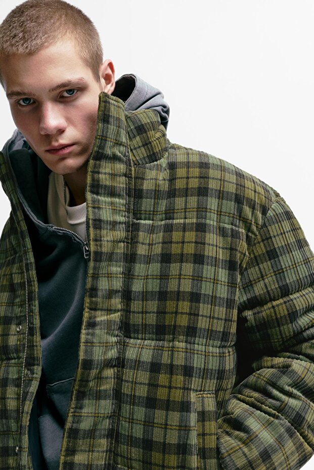 Kareli kadife şişme ceket - 5