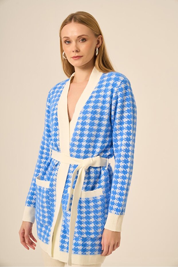 Women's Houndstooth Patterned Knitwear Cardigan Ecru Blue 25250