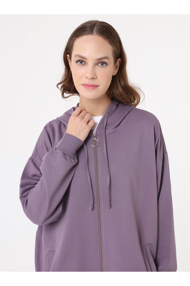 Basic Fermuarlı Kapüşonlu Sweatshirt - Lavanta - - 2