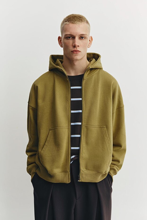 Fermuarlı kapüşonlu boxy sweatshirt - 1