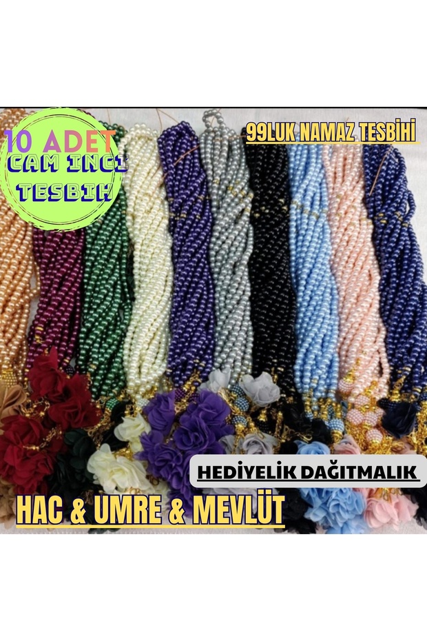 10 Pieces of Glass Pearl Prayer Beads with Rose Tips, Suitable as Gifts for Hajj, Umrah, Mevlüt, Mevlid Souvenirs