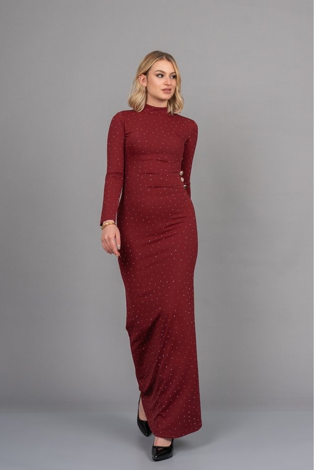 Women's Winter Burgundy Camelia Stone Long Dress Stylish Daily Comfortable 50354