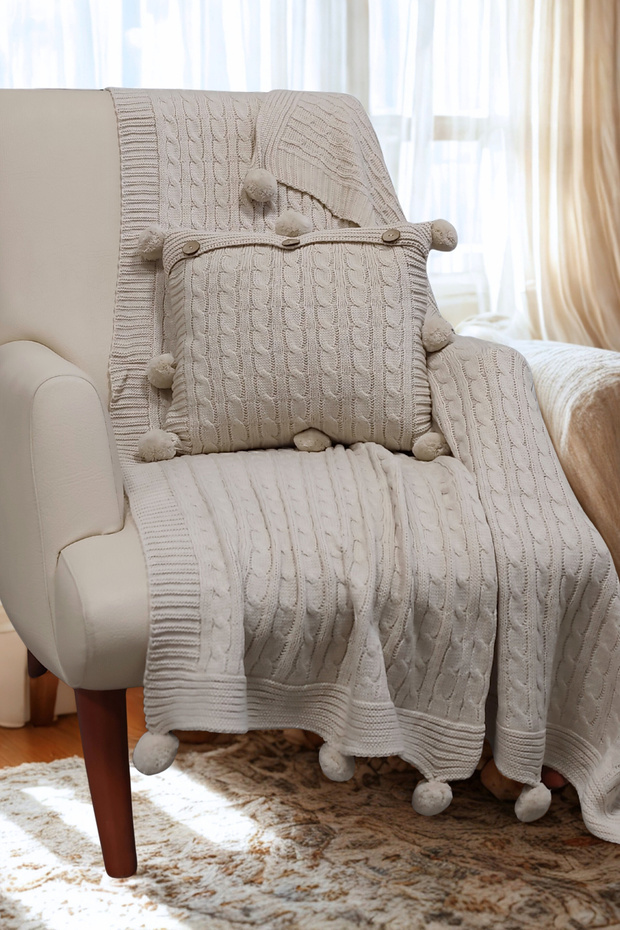 Set of 2 Pom-Pom Knitwear Knitted Throw Pillow Cover & Tv Blanket - Shoulder & Sofa Wrap Set - Dark Cream