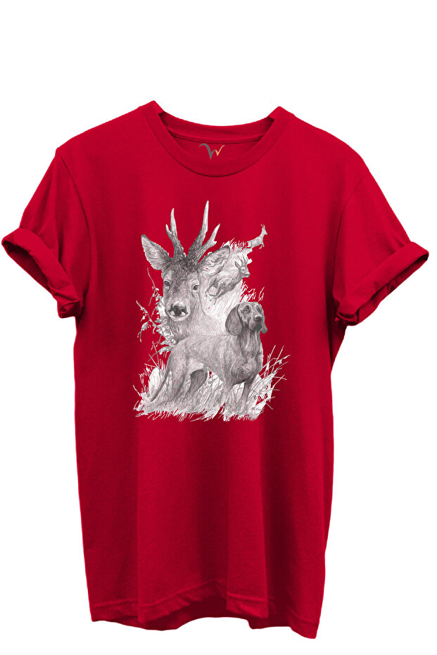 Deer and Hunting Dog Illustration Printed 100% Cotton Regular Fit Crew Neck Unisex T-Shirt