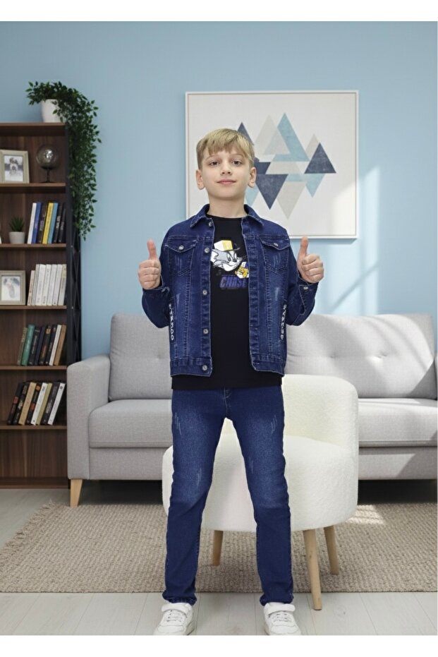Boys' Triple Jean Set Triple Denim Set T-Shirt Pants Jacket