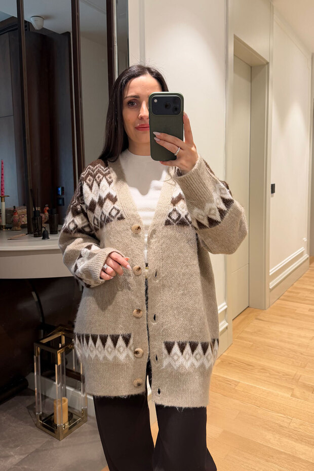 Patterned Oversized Knitwear Angora Cardigan - Camel