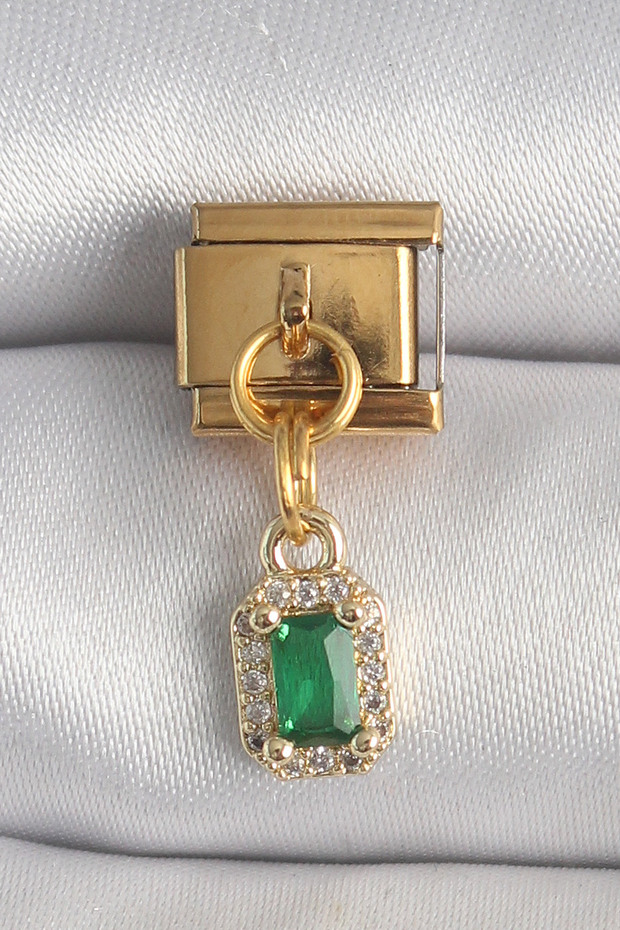 316L Steel Gold Color Dangle Square Green Zircon Stone Nomination Charm -