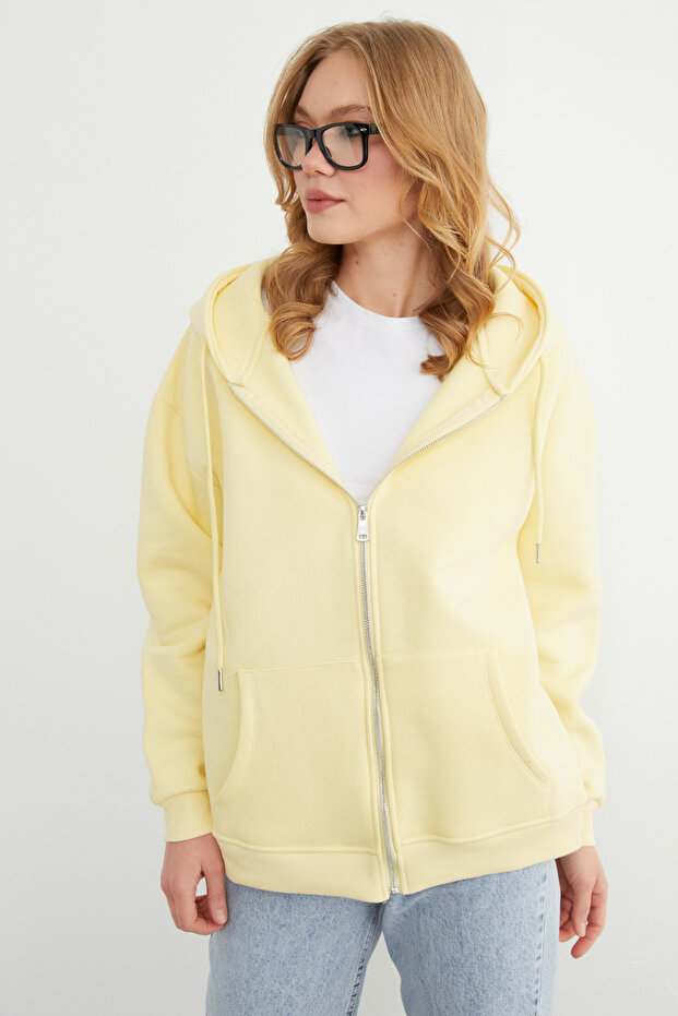Basic Fermuarlı Kapüşonlu Oversize Sweatshirt - 7