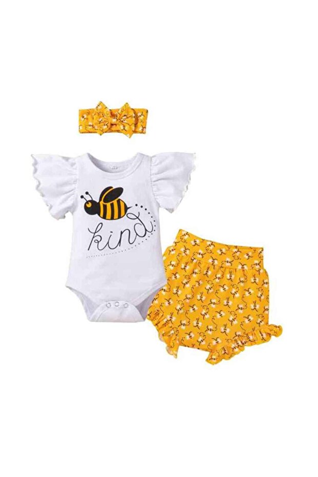 Print 3-Piece Set | 9-12 Months | Yellow | Bodysuit & Bloomers & Headband |Elastic Waistband
