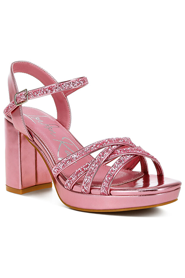 Women Pink Glitter Strappy Block Sandals