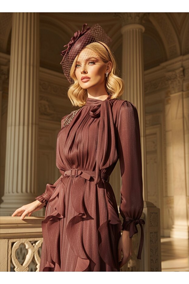 Imported yoryo chiffon fabric shoulder stone embroidery with belt and ribbon detail, lined special design maxi dress