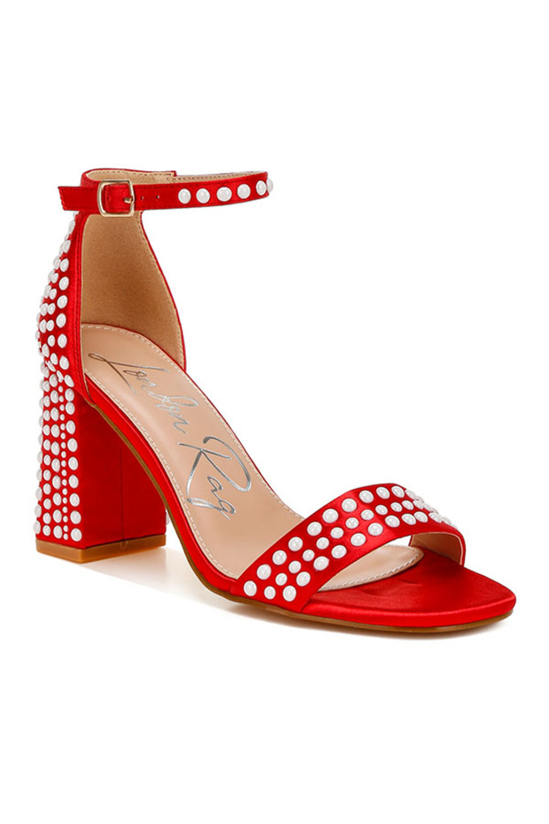 Women Pearls Embellished Satin Sandals in Red