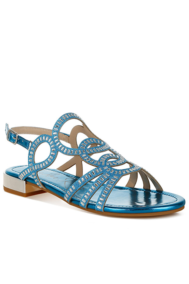 Women Cut Out Detail Rhinestone Flat Sandals in Denim Blue